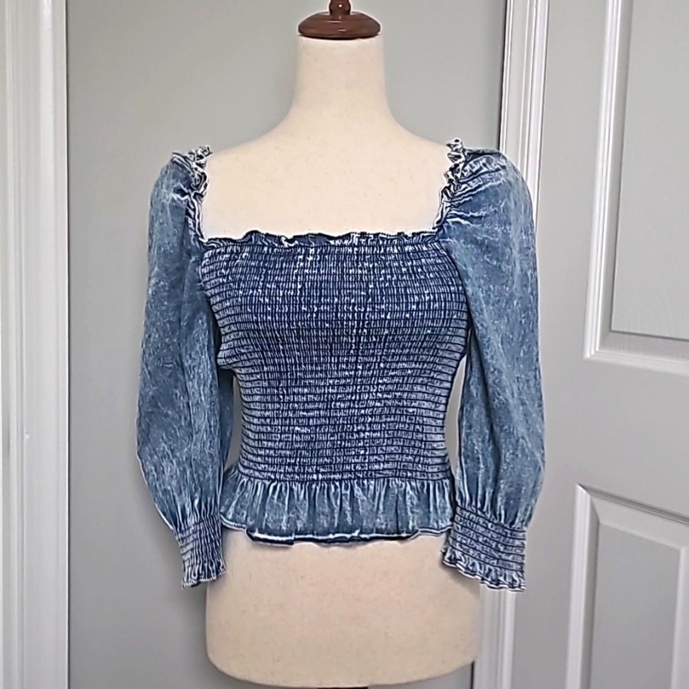 Denim Ruffle Neck Ruched Body 3/4 Bell Cap Sleeve Boho Soft Cotton Size S